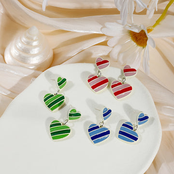 Double Layer Striped Heart Drop Earrings Blue Green Red