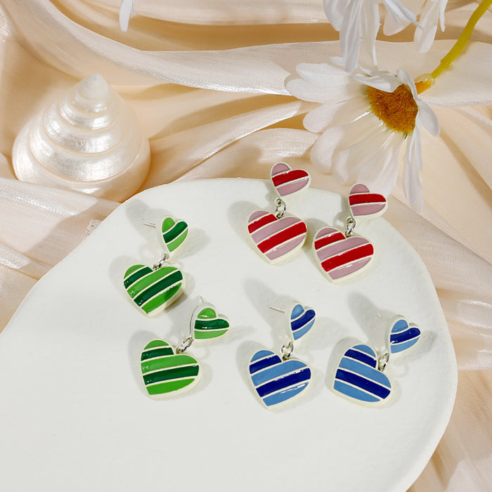 Double Layer Striped Heart Drop Earrings Blue Green Red