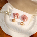 Fabric Rose and Pearl Look Gold Tone Dangle Stud Earrings view 3