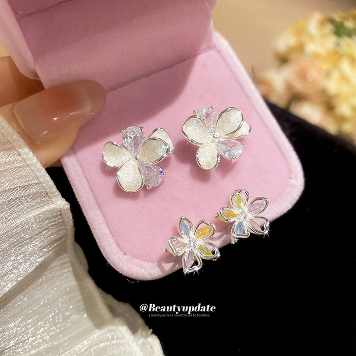 Silver Tone Flower Stud Earrings in Colorful and White Styles