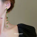 Green Beaded Linear Long Drop Statement Stud Earrings view 4