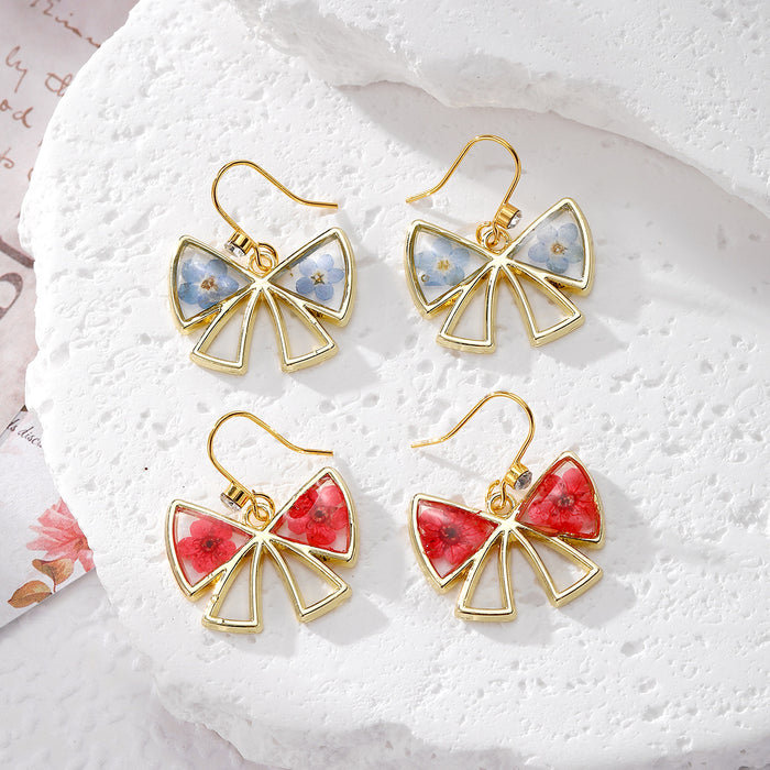 Gold Bow Pressed Flower Resin Drop Earrings Blue Red 2 Styles