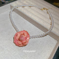 Pink Rose Pendant White Beaded Choker Necklace Statement Jewelry Design view 2