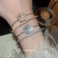 Open Double Layer Zircon Rose Flower Cuff Bangle Silver Gold view 1