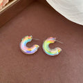 Iridescent Geometric Chunky Hoop Stud Earrings with Polished Metal Details view 7