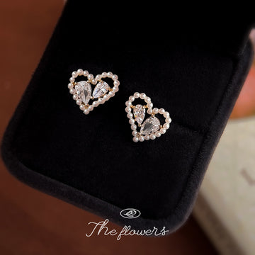 Gold Tone Heart Stud Earrings Pearl Border Teardrop CZ