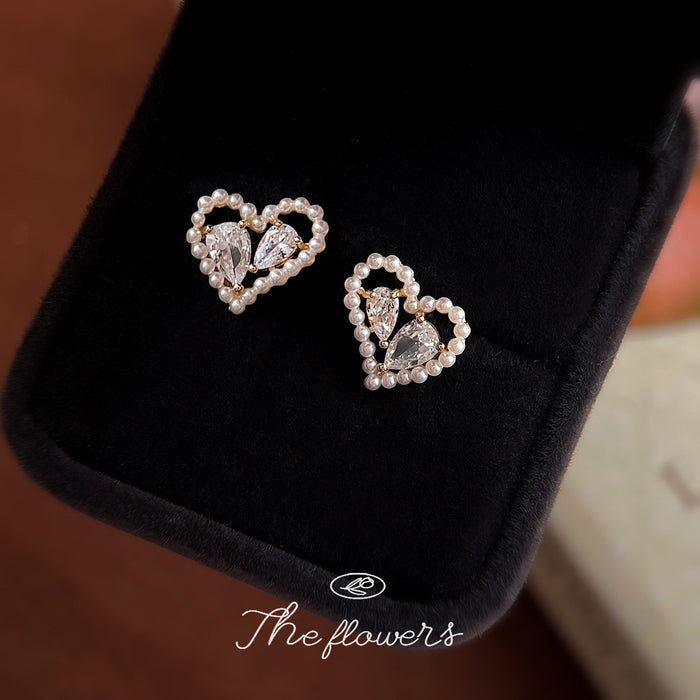 Gold Tone Heart Stud Earrings Pearl Border Teardrop CZ