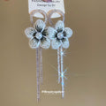 Blue Fabric Flower Earrings With Pearl And Chain Fringe view 4