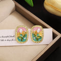 Pink Garden Floral Rectangle Statement Stud Earrings view 4