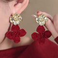 Burgundy Flocked Flower Gold Rose Statement Stud Earrings view 1