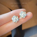 White Camellia Flower Stud Earrings Pearl Center Gold Tone Rim view 3