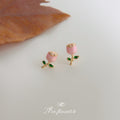 Pink Enamel Rosebud Stud Earrings Gold Tone Green Leaves view 4
