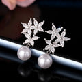 Clear Crystal Flower Pearl Drop Stud Earrings Polished Jewelry Accessory view 2