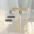 Gold Faux Pearl Stud Earrings Chain Tassel Ball Charm view 2