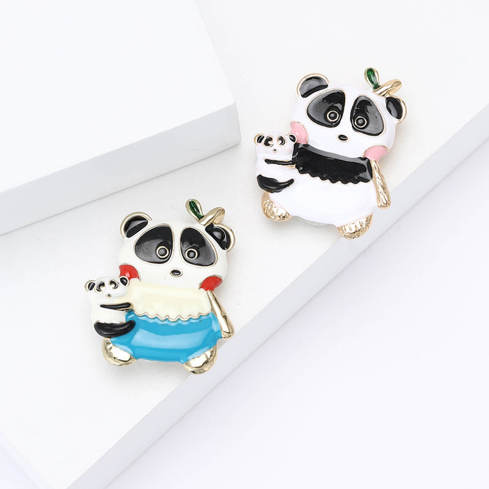 Panda Holding Cub Enamel Brooch in Blue or Black Accents