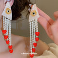 Heart Bead And Pearl Like Tassel Statement Earrings view 3