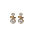Gold Tone Horizontal Bar Double Pearl Stud Earrings view 5