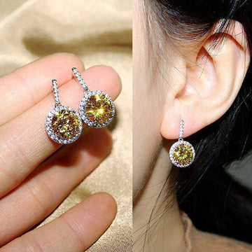 Round Solitaire Halo Long Drop Earrings In Four Stone Colors