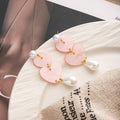 Pink Double Heart Pearl Look Long Dangle Stud Earrings view 4