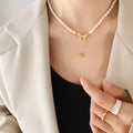 Pearl Bead Necklace with Gold Bow and Heart Drop Pendant view 3