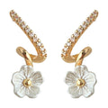 Gold Tone Clear Stone Long Bar And White Flower Drop Stud Earrings view 5