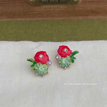 Red Enamel Morning Glory Green Crystal Flower Stud Pair
