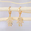Gold Tone Asymmetric Crystal Boy and Girl Huggie Drop Earrings view 1