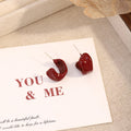 Burgundy Puffy C Shape Small Open Hoop Stud Earrings view 1