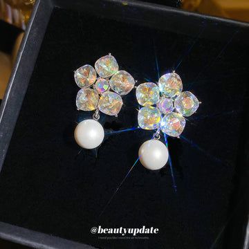 Iridescent Crystal Flower Stud Earrings with Round White Pearl Drops