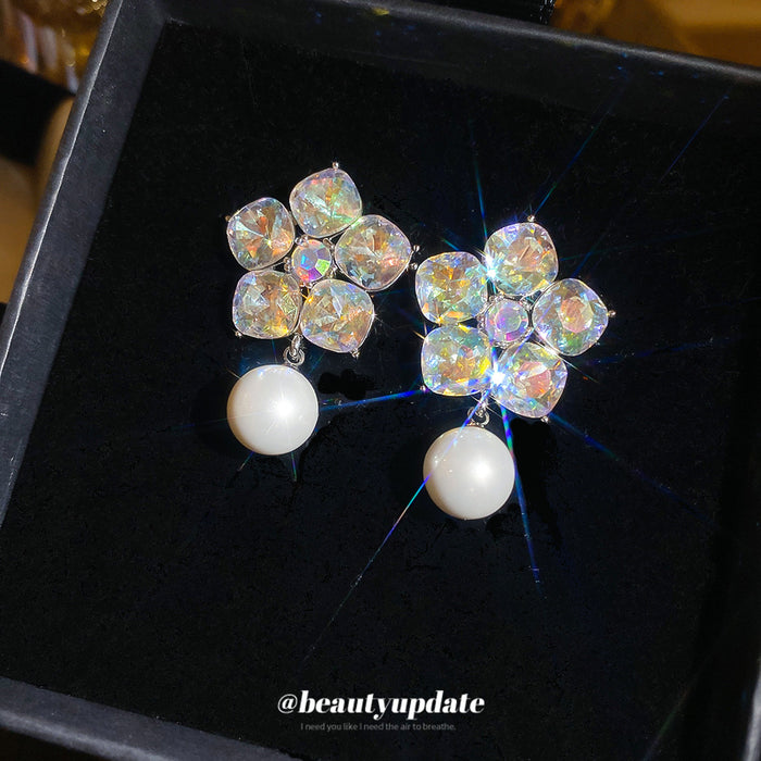 Iridescent Crystal Flower Stud Earrings with Round White Pearl Drops