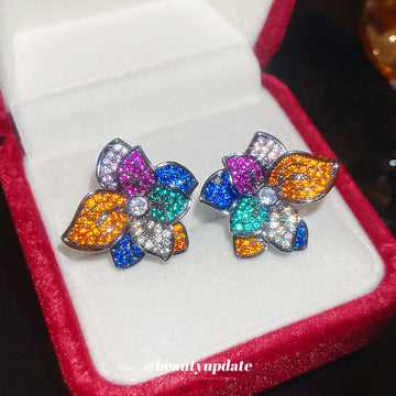 Multicolor Crystal Flower Stud Earrings With Polished Metal Tone Details