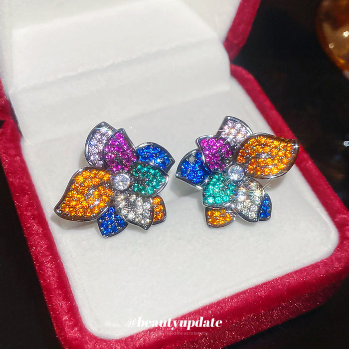 Multicolor Crystal Flower Stud Earrings With Polished Metal Tone Details