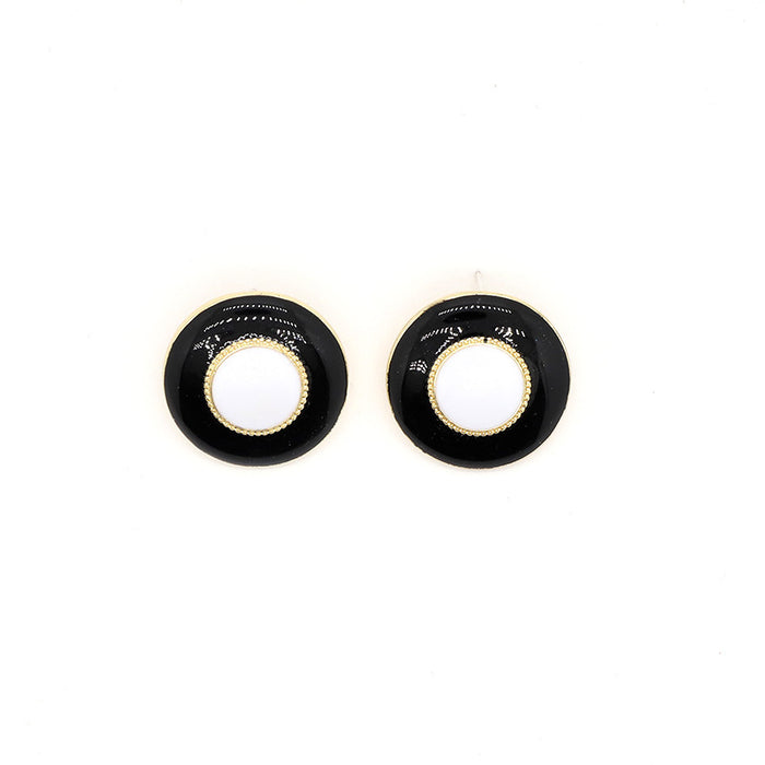 Gold Tone Black and White Round Enamel Stud Earrings
