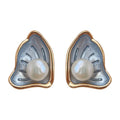 Gold Leaf Pearl Stud Earrings Enamel Shell Three Colors view 5