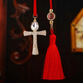 Jeweled Cross Vehicle Hanging Ornament with Red Cord and Long Tassel view 1