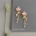 Gold Tone Pink Flower Green Leaf And Pearl Branch Stud Earrings view 6