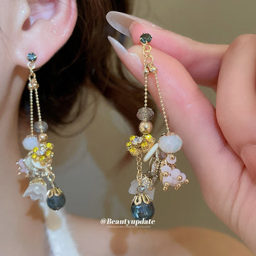 Colorful Floral Beaded Long Dangle Stud Earrings with Polished Metal Details