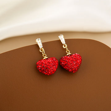 Red Crystal Look Heart Gold Tone Dangle Stud Earrings