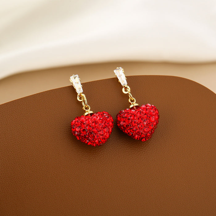 Red Crystal Look Heart Gold Tone Dangle Stud Earrings