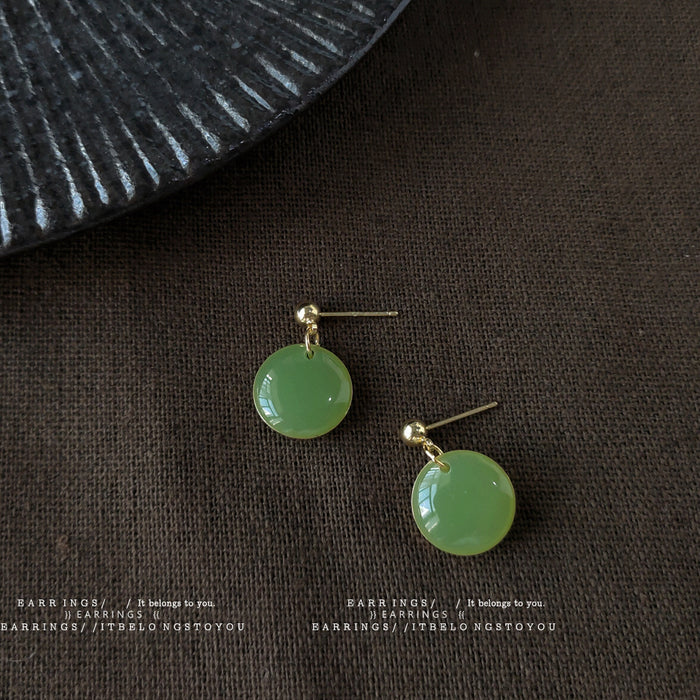 Mint Green Round Disc Drop Stud Earrings Gold Posts
