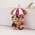 Rhinestone Panda Pair Under Umbrella Gold Tone Metal Keychain view 2