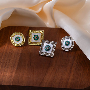 Gold Mismatched Round Square Green Center Stud Earrings