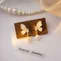 Silver and Pink Butterfly Pearl Look Dangle Stud Earrings view 4