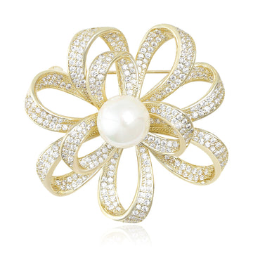 Pearl Center Ribbon Flower Brooch Decorative Metal Pin For Jackets And Lapels