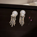 Pearl Top Earrings With Crystal Chain Fringe Fashion Jewelry Accessories view 6