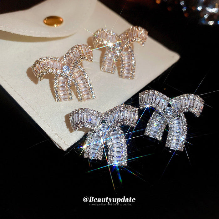 Silver Crystal Pave Ribbon Bow Statement Stud Earrings