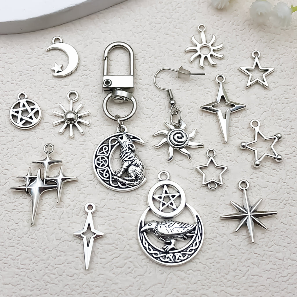 Antique Silver Zinc Alloy Five Point Star Sun Moon Charm Pendant for DIY Jewelry