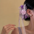Fabric Rose Lace Satin Bow Pearl Hair Clips Pink Purple view 3