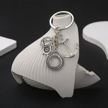 Antique Silver Nautical Anchor Ship Wheel Metal Keychain Pair