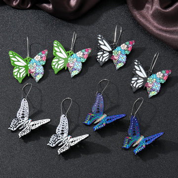 Colorful Butterfly Drop Earrings with Floral Wings and Long Hooks